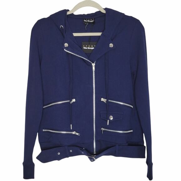 The Kooples Hooded Zip Up Biker Jacke Size Small in Navy Blue - Picture 2 of 11